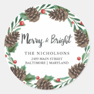 Waterverf Pinecone Wreath Holiday Return-adres Ronde Sticker