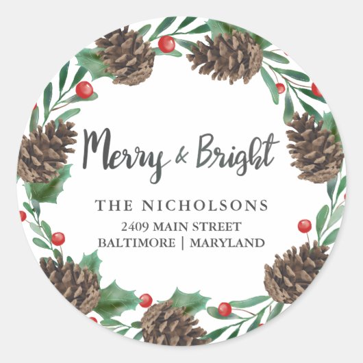 Waterverf Pinecone Wreath Holiday Return-adres Ronde Sticker (Voorkant)