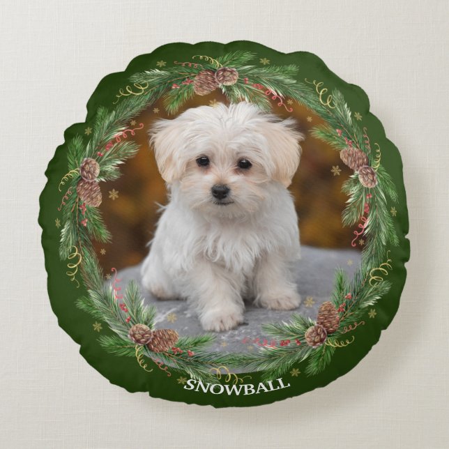 Waterverf Pinecone Wreath Pet Photo Round Pillow Rond Kussen (Voorkant)