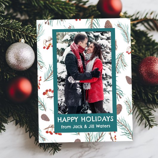 Waterverf Pinecones Bessen CUSTOM FOTO Feestdagenkaart