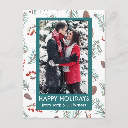 Waterverf Pinecones Bessen CUSTOM FOTO Feestdagenkaart (Voorkant)