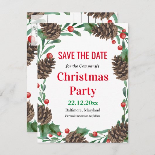 Waterverf Pinecones Bewaar de datum Kerstfeest Aankondigingskaart (Voorkant / Achterkant)