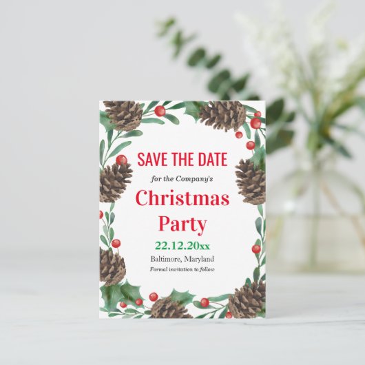 Waterverf Pinecones Bewaar de datum Kerstfeest Aankondigingskaart (Staand voorkant)