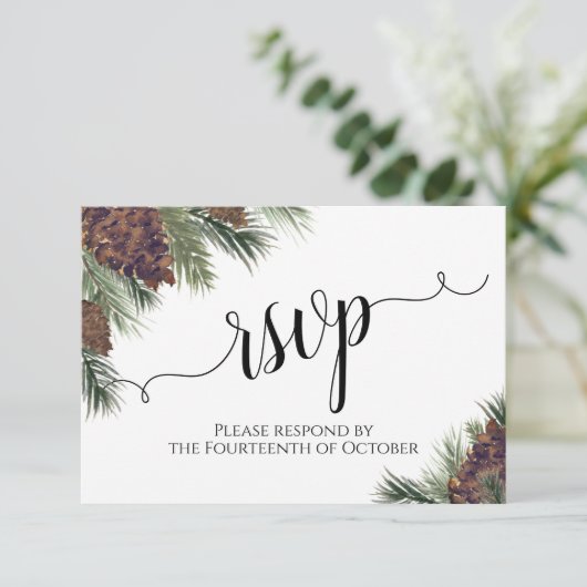 Waterverf Pinecones en Greenery Rustic Wedding RSVP Kaartje (Staand voorkant)