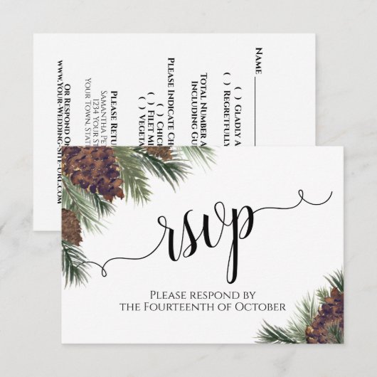 Waterverf Pinecones en Greenery Rustic Wedding RSVP Kaartje (Voorkant / Achterkant)