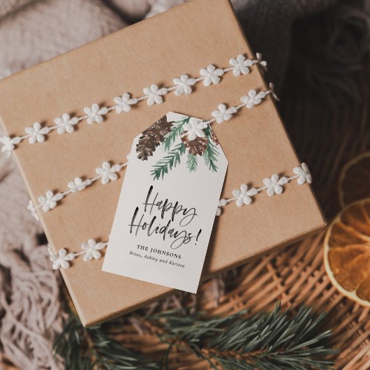 Waterverf pinecones penseelscript Prettige feestda Cadeaulabel