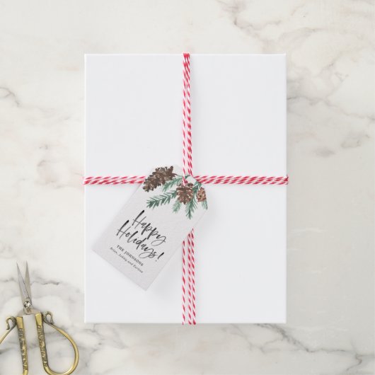 Waterverf pinecones penseelscript Prettige feestda Cadeaulabel (Met Touw)