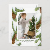 Waterverf Pinecones Vrolijk Kerstfeest Foto Feestdagenkaart (Voorkant / Achterkant)