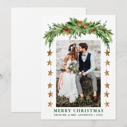 Waterverf Pines Boho Kerst Pas getrouwd Paar Feestdagenkaart (Voorkant / Achterkant)