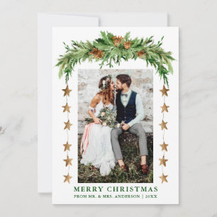Waterverf Pines Boho Kerst Pas getrouwd Paar Feestdagenkaart