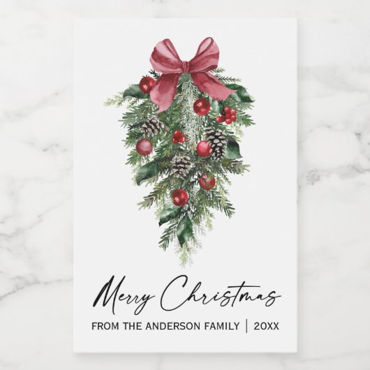 Waterverf Pines Calligrafie Ink Kerstmis Mini Wijn Etiket (Enkel label)