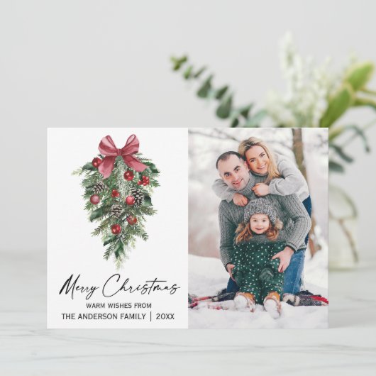 Waterverf Pines Calligrafie - Kerstfoto Feestdagenkaart (Staand voorkant)