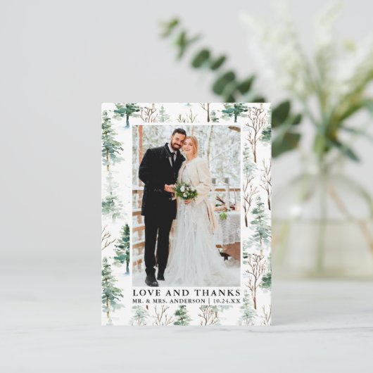 Waterverf Pines Greenery Love and Bedankt Wedding Briefkaart (Staand voorkant)