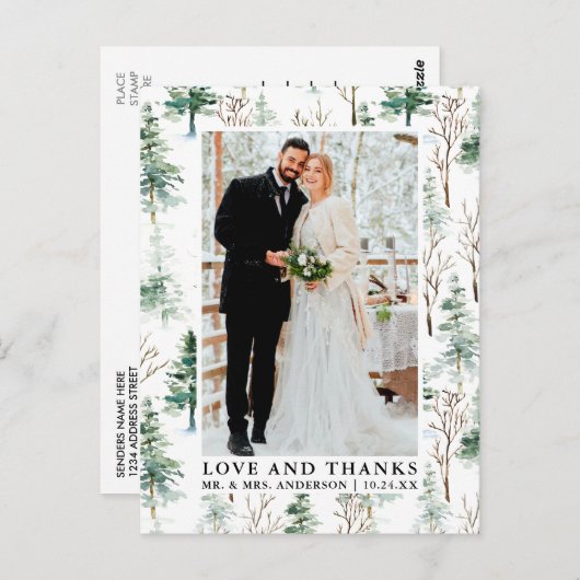 Waterverf Pines Greenery Love and Bedankt Wedding Briefkaart (Voorkant / Achterkant)