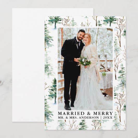 Waterverf Pines Groen Getrouwd en Vrolijk Feestdagenkaart (Voorkant / Achterkant)