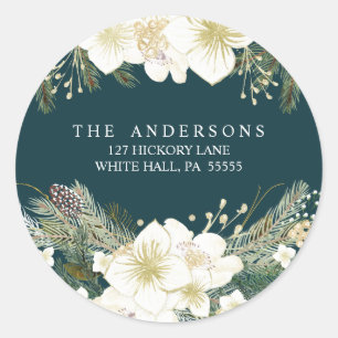 Waterverf Pines Kerstmis Floral Holiday Adres Ronde Sticker