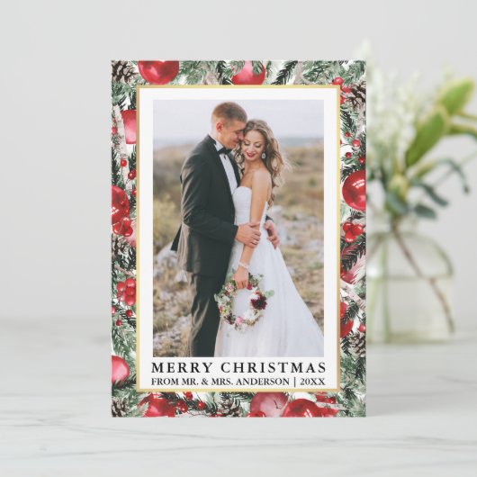 Waterverf Pines kerstversiers Pas getrouwd Feestdagenkaart (Staand voorkant)