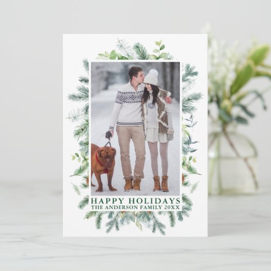 Waterverf Pines Lijst Foto groen Feestdagenkaart (Staand voorkant)