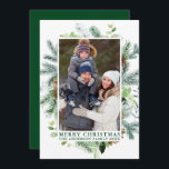 Waterverf Pines Lijst Green kerst Feestdagenkaart<br><div class="desc">Moderne Waterverf Green Pine Lijst en Pine Cones Foto Merry Kerstfeestdag</div>