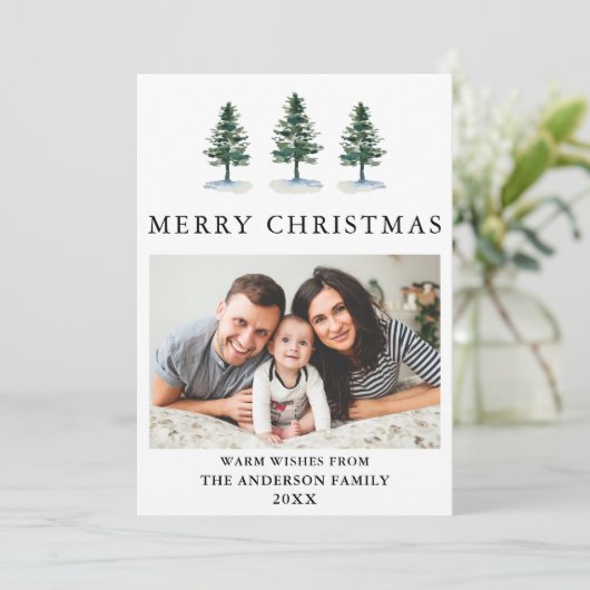 Waterverf Pines Photo Moderne Kerstmis Feestdagenkaart (Staand voorkant)