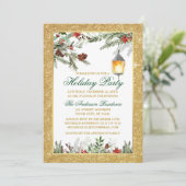 Waterverf Pines Poinsettia Glitter Holiday Party Kaart (Staand voorkant)