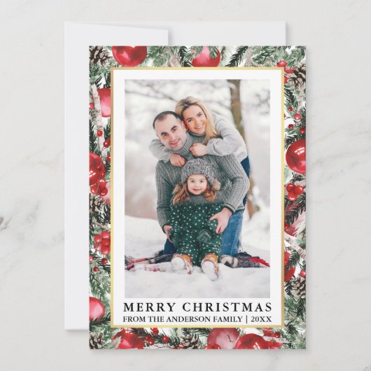 Waterverf Pines Red Kerstversieringen Foto Feestdagenkaart (Voorkant)