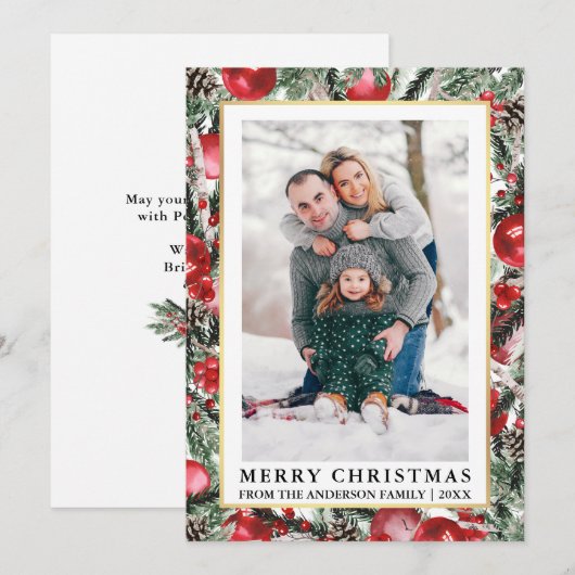 Waterverf Pines Red Kerstversieringen Foto Feestdagenkaart (Voorkant / Achterkant)