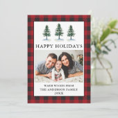 Waterverf Pines Rood Plaid Foto Feestdagenkaart (Staand voorkant)