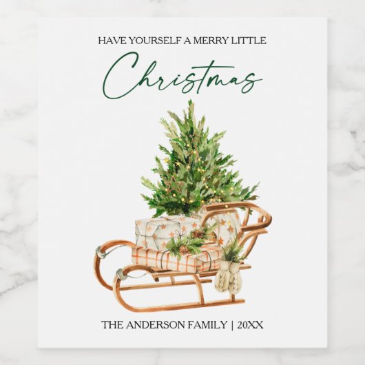Waterverf Pines Sleigh Calligrafie Inkt Vakantie Wijn Etiket (Enkel label)