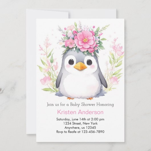 Waterverf Pinguïn Blissful Meisje Baby shower Kaart (Voorkant)