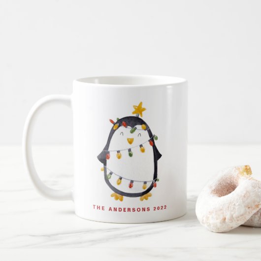 Waterverf Pinguïn en kerstverlichting Koffiemok (Met donut)