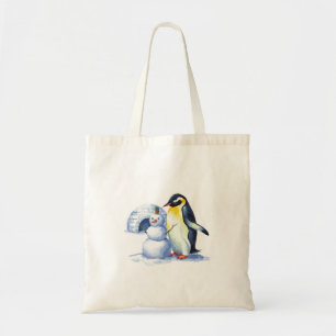 Waterverf Pinguïn het bouwen van een sneeuwpop Tote Bag
