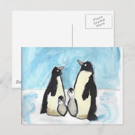 Waterverf pinguïn kinder kunst briefkaart (Voorkant / Achterkant)