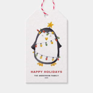 Waterverf Pinguïn met kerstfeestdag Cadeaulabel