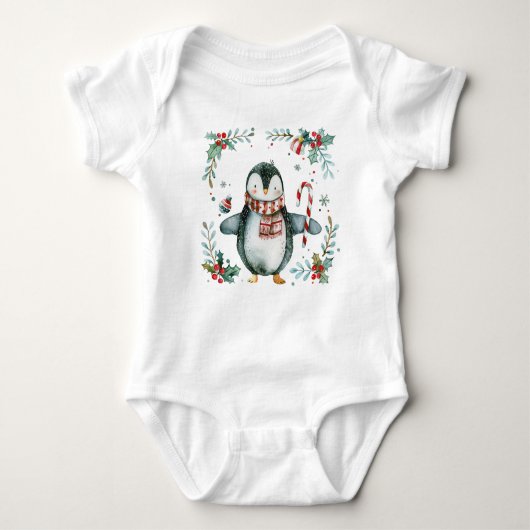 Waterverf pinguïn met snoepriet vakantie outfit romper (Voorkant)