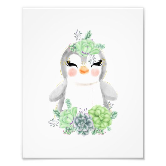 Waterverf Pinguïn met Succulenten Foto Print Afdruk (Voorkant)