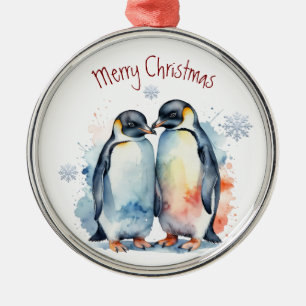 Waterverf Pinguïn Paar Winter Animal Art Metalen Ornament