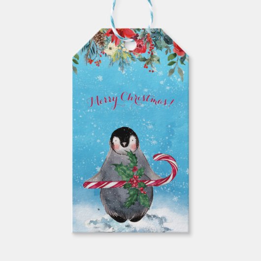 Waterverf Pinguïn Prettig Kerstfeest Cadeaulabel (Voorkant)