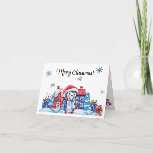 Waterverf Pinguïn Sneeuw Kleurrijk Vrolijk Kerstfe Feestdagen Kaart (Voorkant)