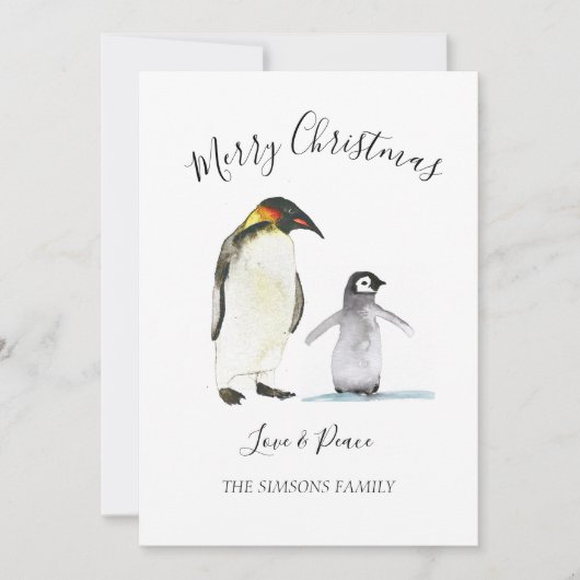 Waterverf Pinguïn Vrolijk Kerstfeest Vrolijk helde Feestdagenkaart (Voorkant)