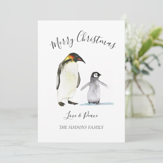 Waterverf Pinguïn Vrolijk Kerstfeest Vrolijk helde Feestdagenkaart (Staand voorkant)