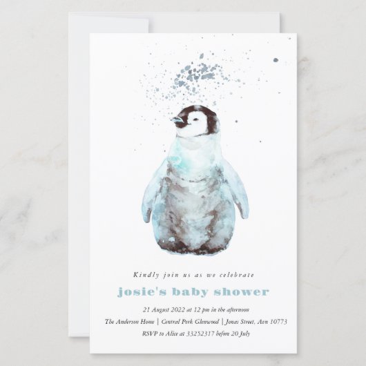 Waterverf Pinguïn Winter Baby Shower Uitnodiging (Voorkant)