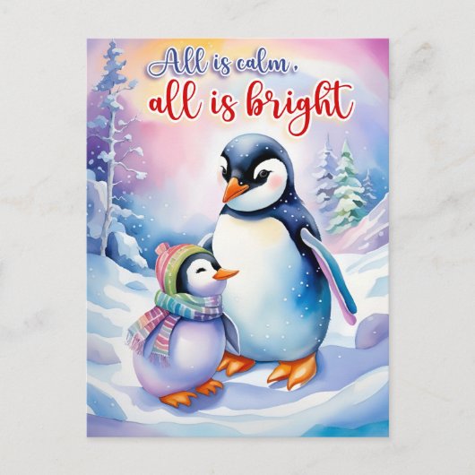 Waterverf pinguïns alles is rustig alles is helder feestdagenkaart (Voorkant)