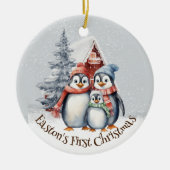 Waterverf Pinguïns Familie Baby's Eerste Kerstmis Keramisch Ornament (Voorkant)