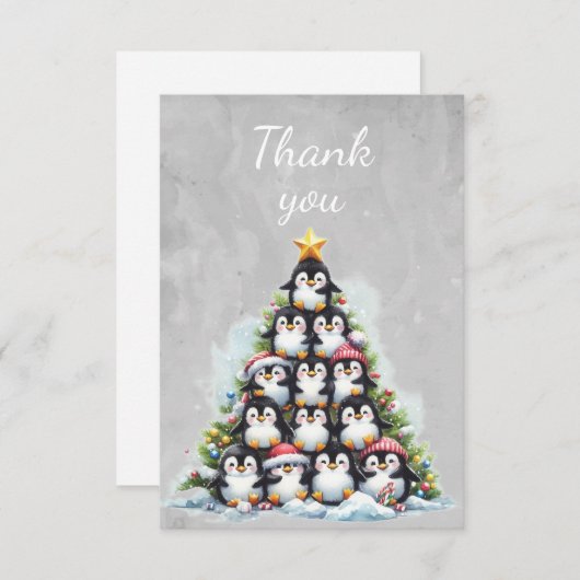 Waterverf Pinguïns Kerstboom Bedankkaart (Voorkant / Achterkant)