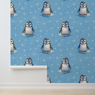 Waterverf Pinguïns Pinguïns Sterren op Blauw Behang
