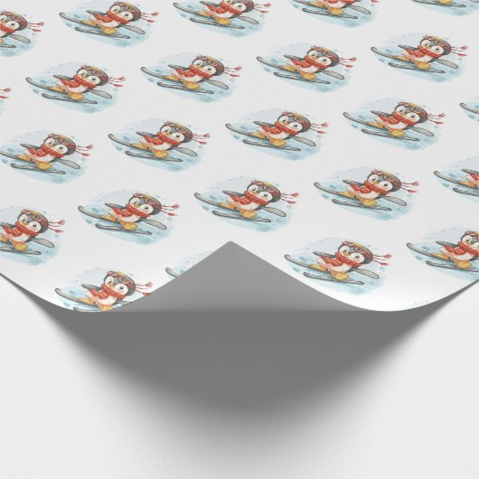 Waterverf pinguïns skiën op sneeuw cadeaupapier (Hoek)