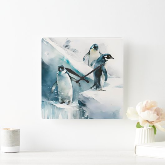 Waterverf pinguïns vierkante klok (Huis)