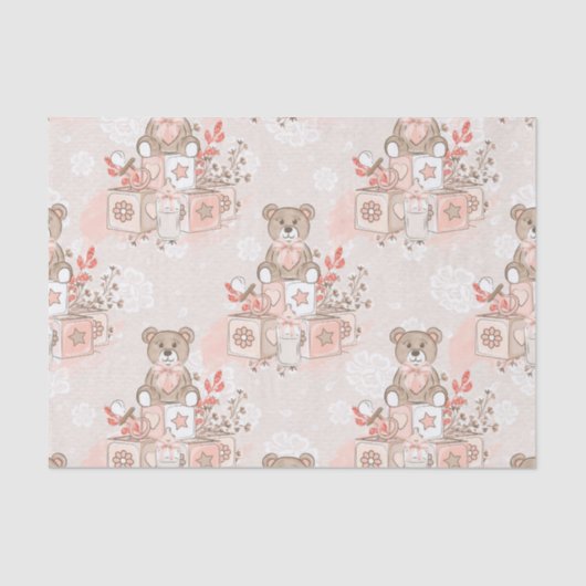 WATERVERF PINK BABY GIRL TEDDY BEAR BLOCKS TISSUEPAPIER (Voorkant)