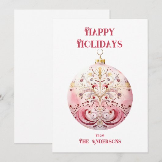 Waterverf Pink Bauble gepersonaliseerd Feestdagenkaart (Voorkant / Achterkant)